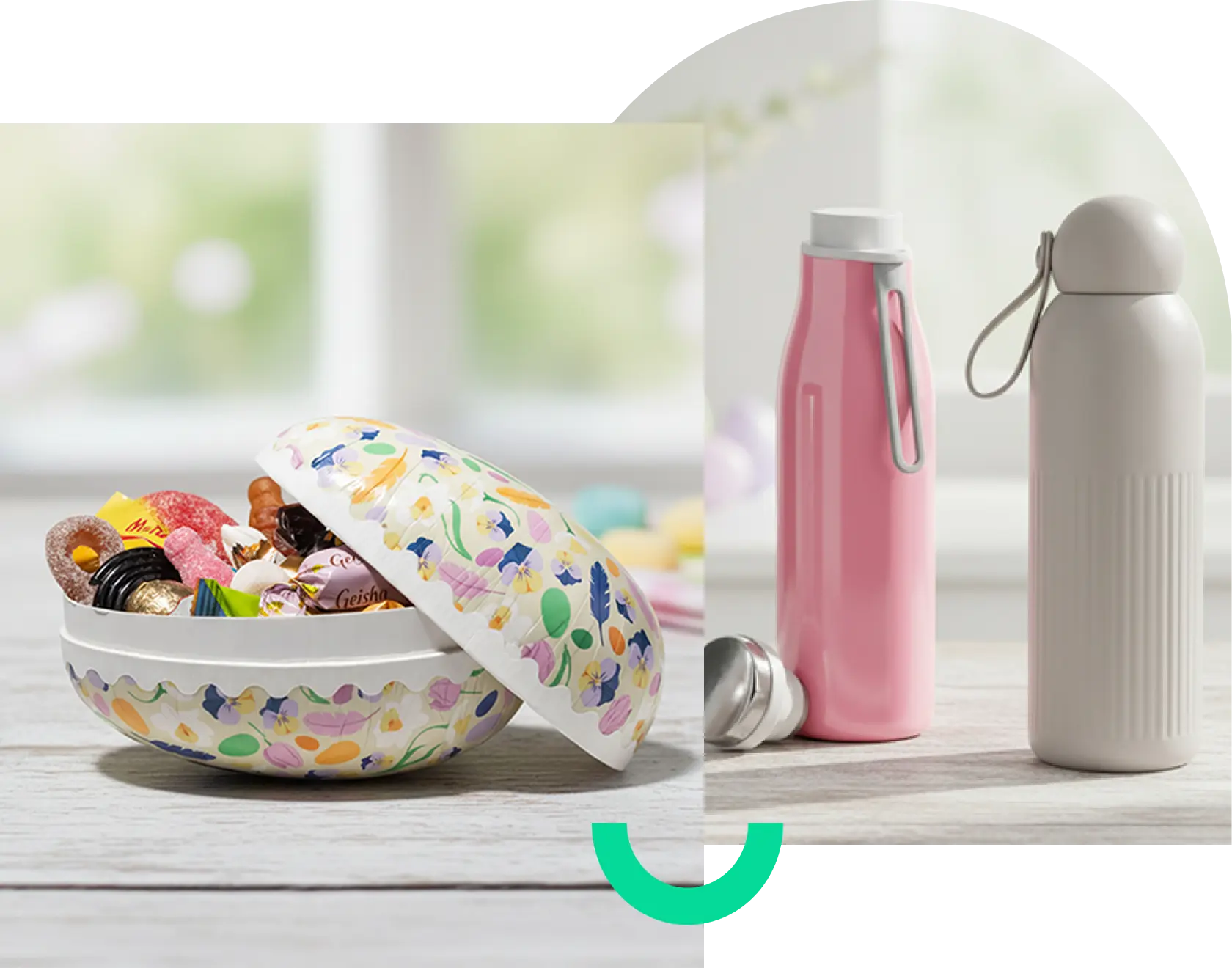 Två bilder: ett mönstrat påskägg fyllt med godis och två vattenflaskor i rosa och grått.