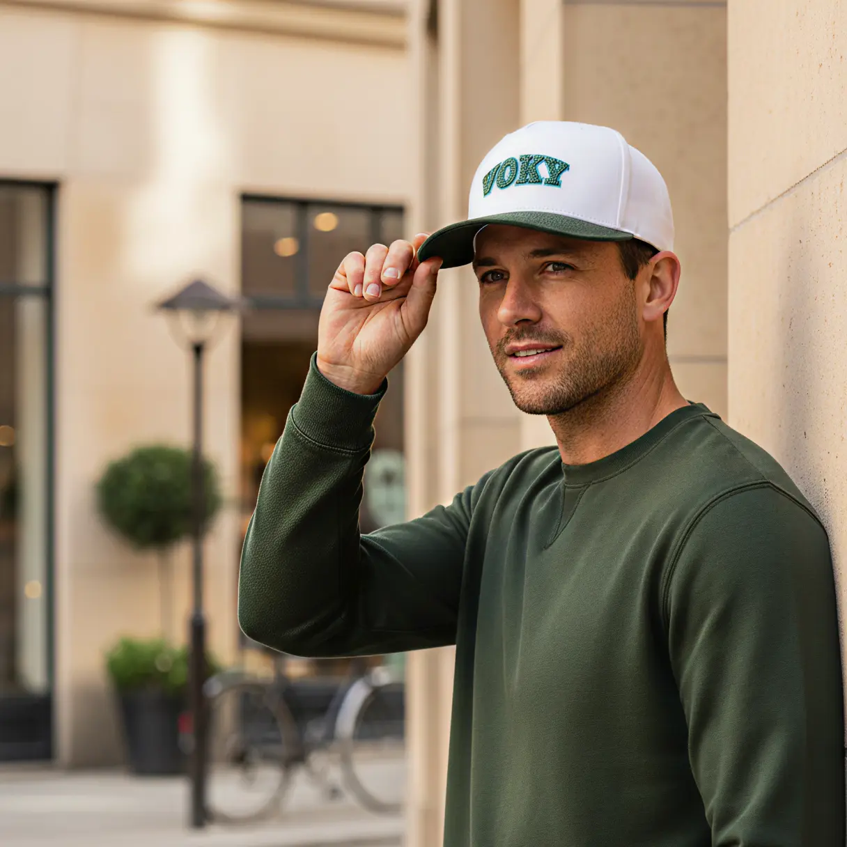 Man håller i skärmen på en vit Voky-keps utomhus.